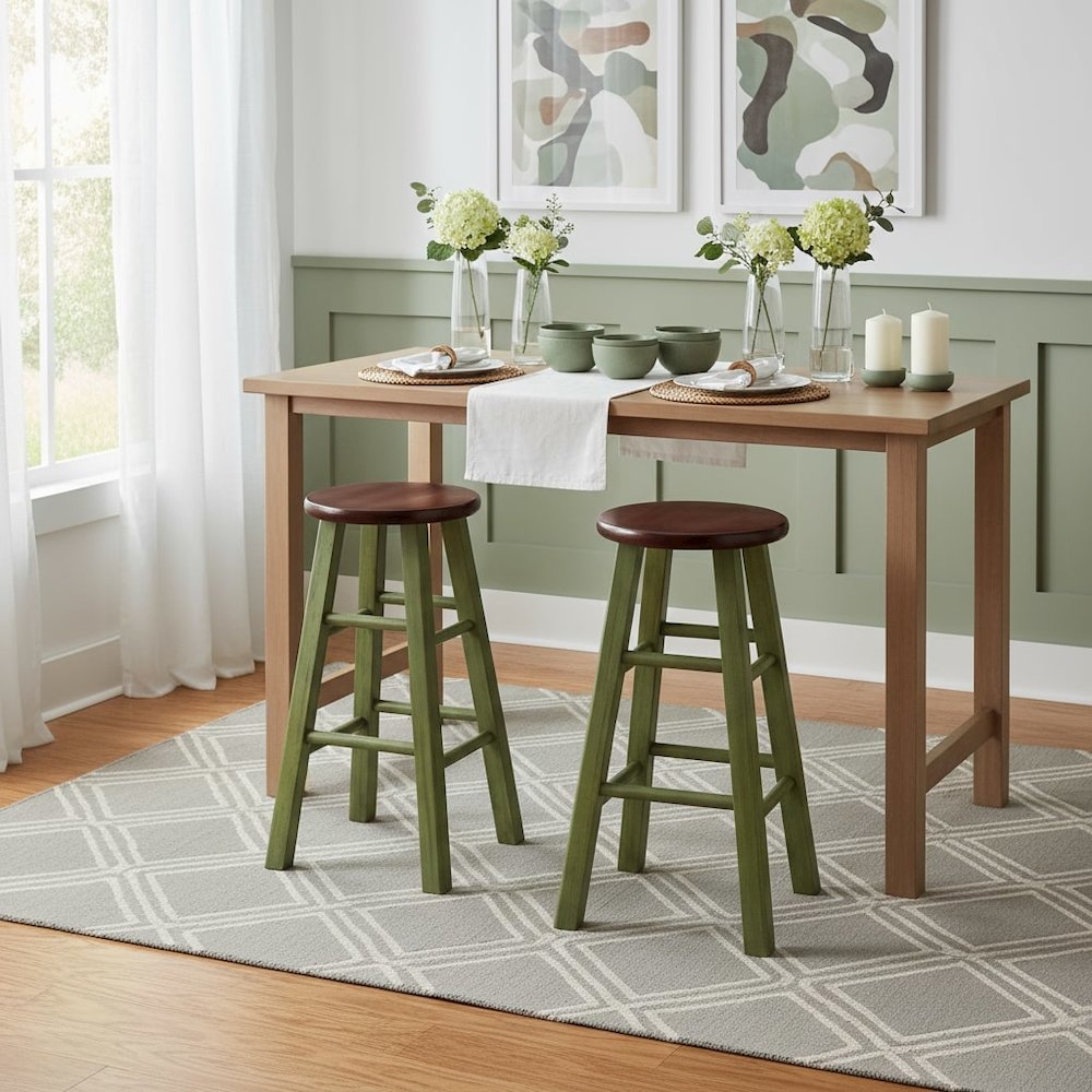 24" Rustic Green Counter Stool, Round Solid Wood Seat, Fully Assembled