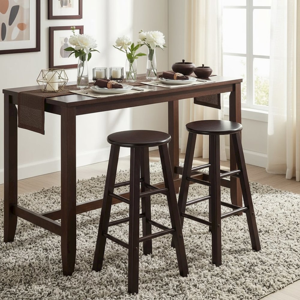 2-Piece Bar Stool Set, Round Seat, 29 Inch Height, Solid Wood, Espresso Finish