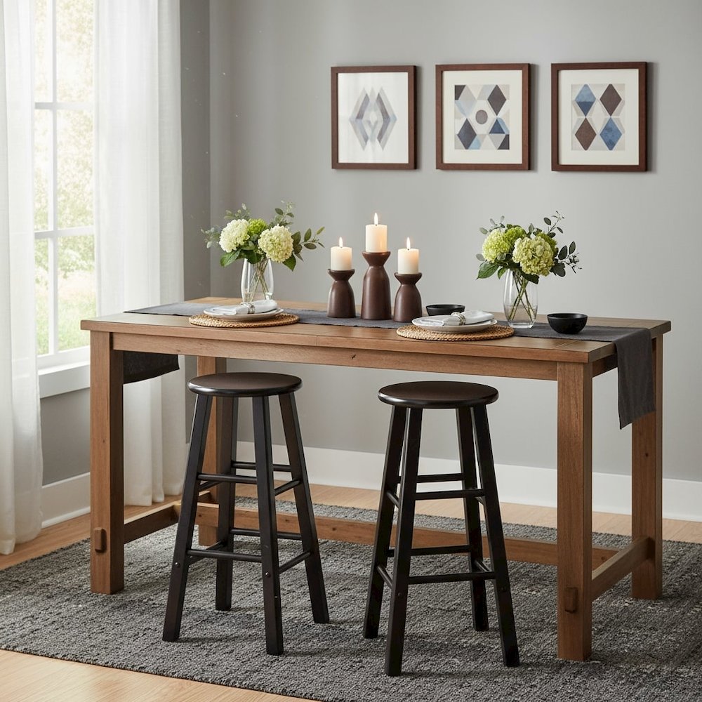 2-Piece Bar Stool Set, Round Seat, 29 Inch Height, Solid Wood, Espresso Finish