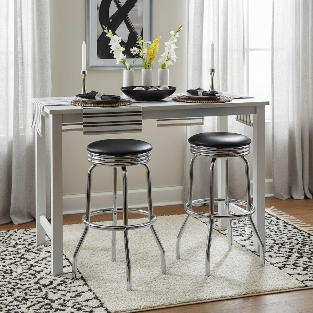 2-Piece Swivel Bar Stool Set, Black Faux Leather Seat, Metal Base