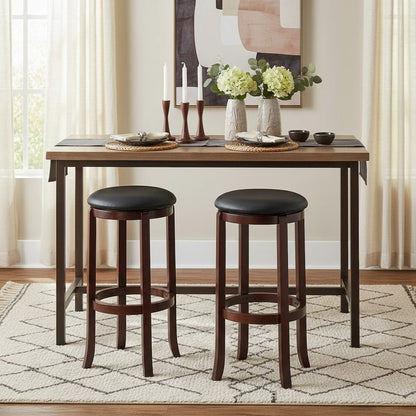 Bar Stool, Brown Solid Wood, Swivel Cushioned PVC Seat, 30 Inch Height