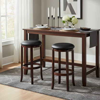 Bar Stool, Brown Solid Wood, Swivel Cushioned PVC Seat, 30 Inch Height