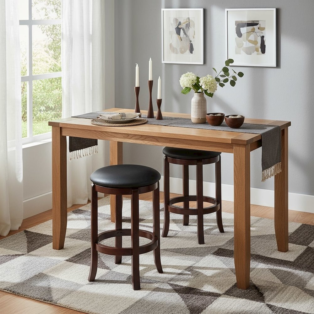 Swivel Counter Stool, Black Seat, Solid Wood Walnut Finish, 24 Inch Height