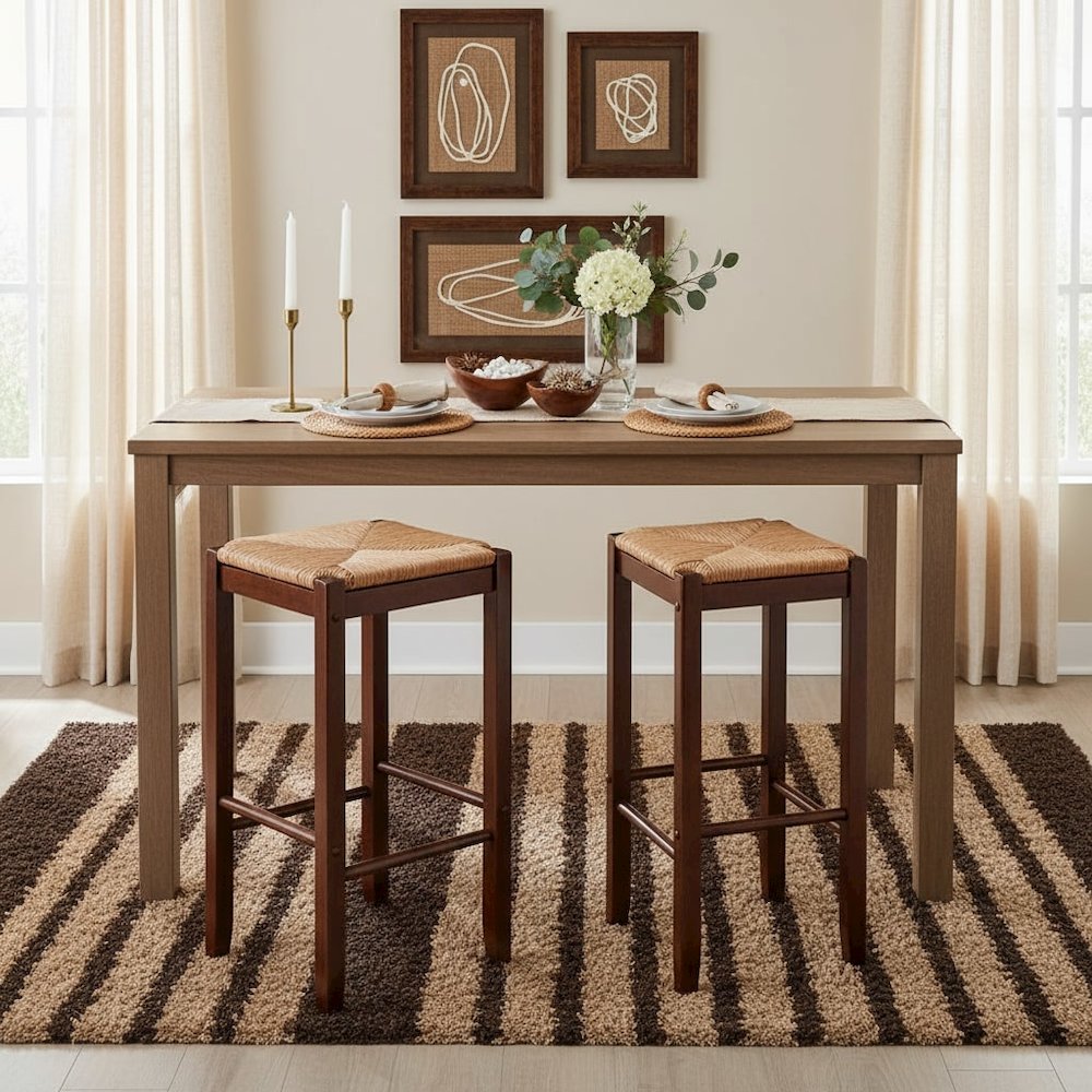 2-Piece Bar Stool Set, Rush Woven Seat, 29 Inch Height, Solid Wood, Brown