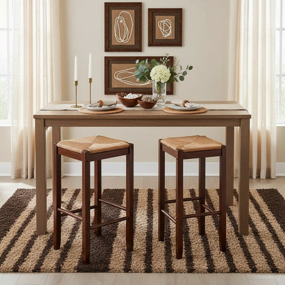 2-Piece Bar Stool Set, Rush Woven Seat, 29 Inch Height, Solid Wood, Brown