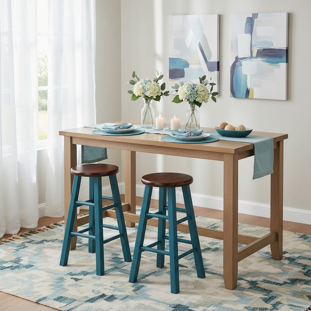 24" Rustic Teal Counter Stool, Round Solid Wood Seat, Fully Assembled