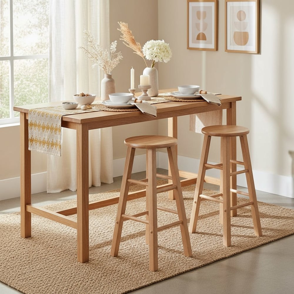 2-Pc Solid Wood Bar Stools, 29" Round Seat, Natural Finish
