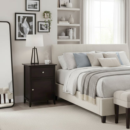 Farmhouse End Table With Storage Espresso Finish, Wooden Side Table And Drawer