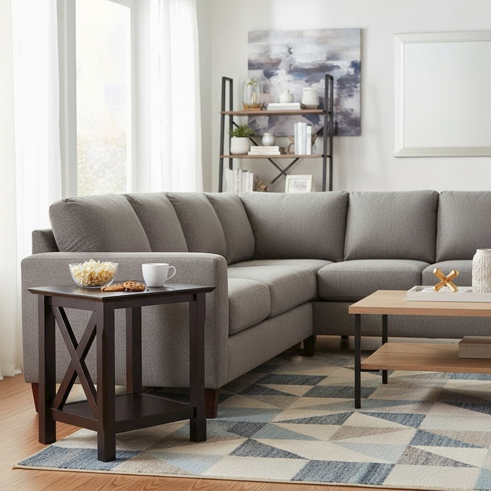 End Table, Brown X-Style Panels, Lower Shelf, Living Room Accent