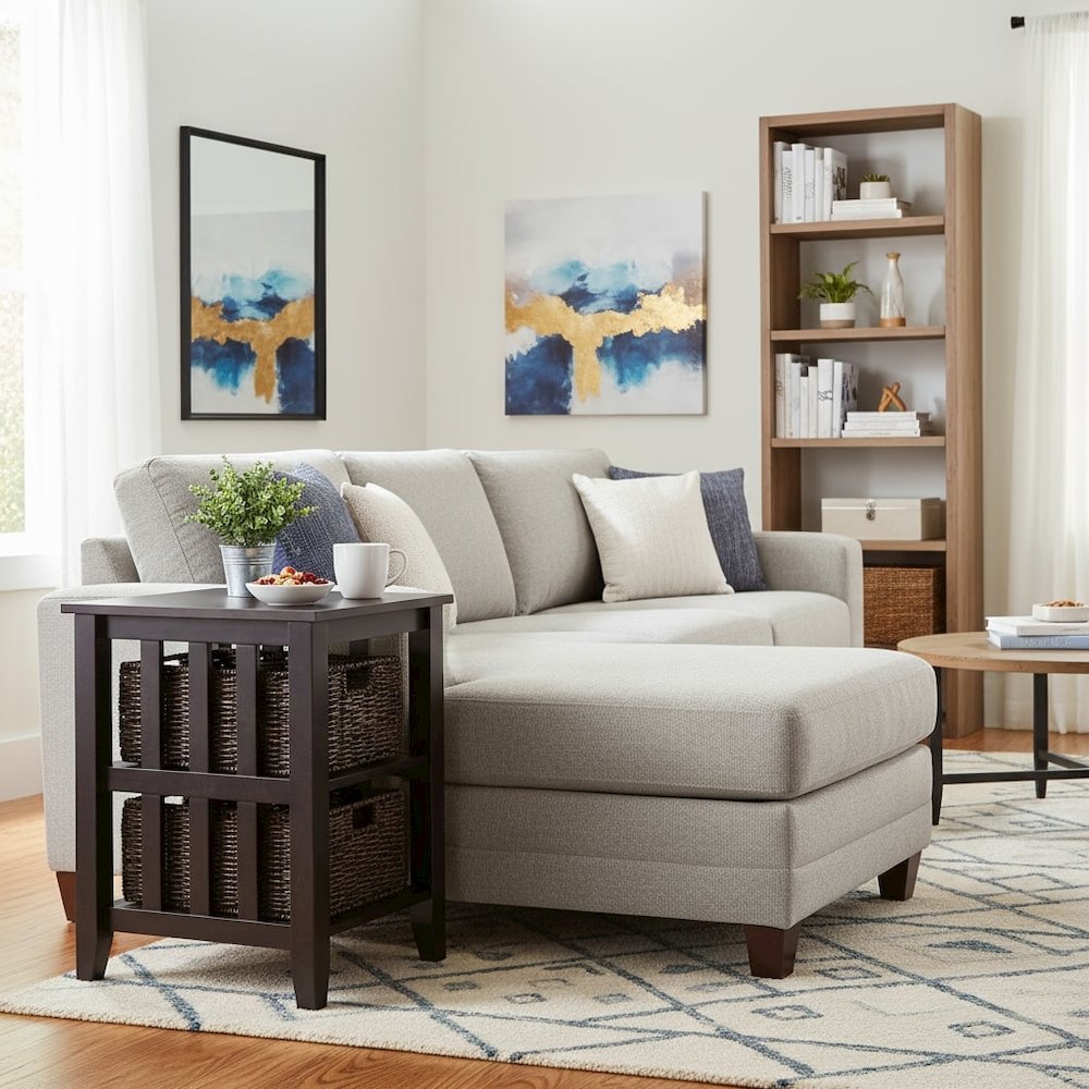 Wood Side Table with Foldable Baskets, Storage Shelf, Espresso