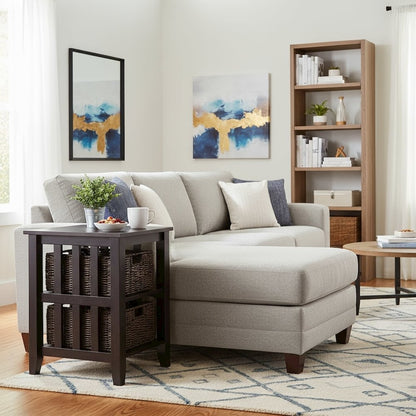 Wood Side Table with Foldable Baskets, Storage Shelf, Espresso