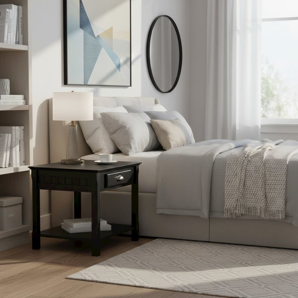 Side Table, Black End Table, Drawer and Shelf, Square Furniture