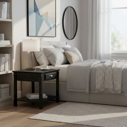Side Table, Black End Table, Drawer and Shelf, Square Furniture