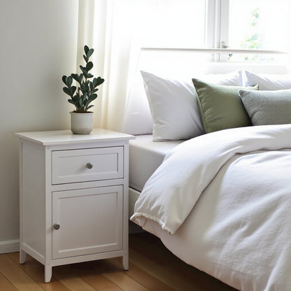 Farmhouse End Table With Storage in White Finish, Wooden Side Table And Drawer