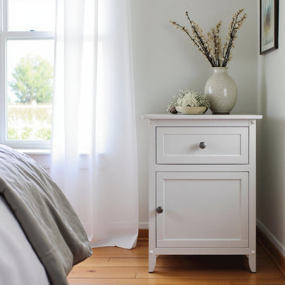 Farmhouse End Table With Storage in White Finish, Wooden Side Table And Drawer