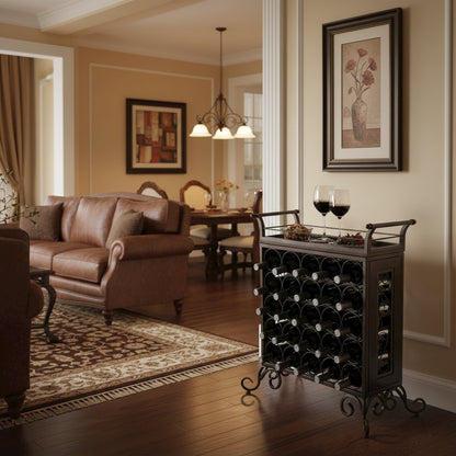 Metal Wine Rack Freestanding Floor With Wooden Tray For 25 Bottle Storage