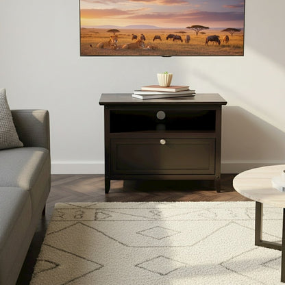 Small Wooden TV Stand With Shelf And Pull Down Door For Living Room