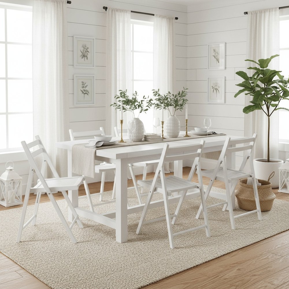 4-PC Folding Chair Set, White Solid Wood, Portable Seating