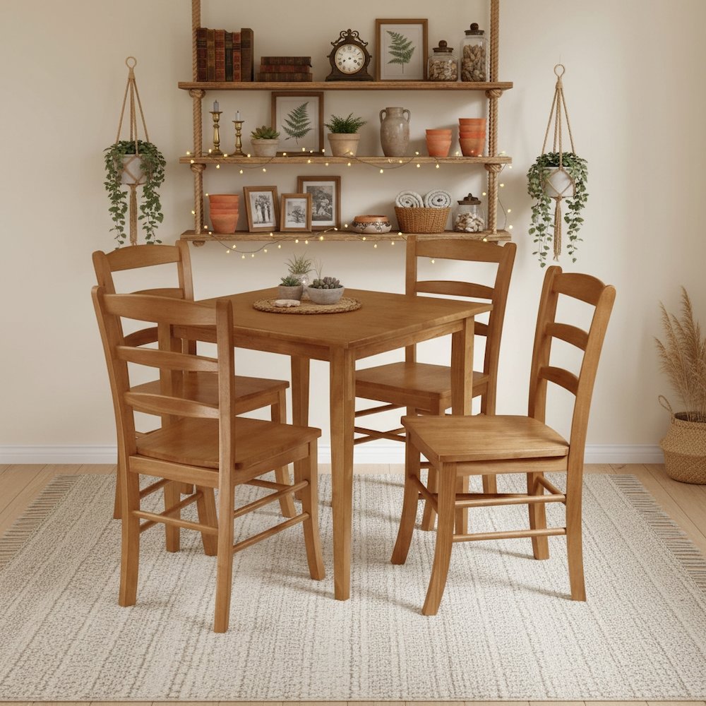 5-PC Dining Set, Brown Square Table, 4 Ladder Back Chairs