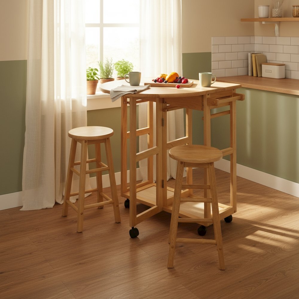 3-Pc Solid Wood Space Saver Dining Set with Drop Leaf Table, Brown