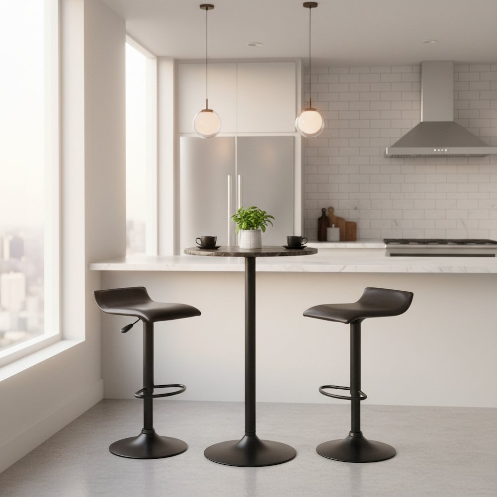 3pc Pub Set, Round Faux Marble Top, 2 Swivel Stools, Metal Base