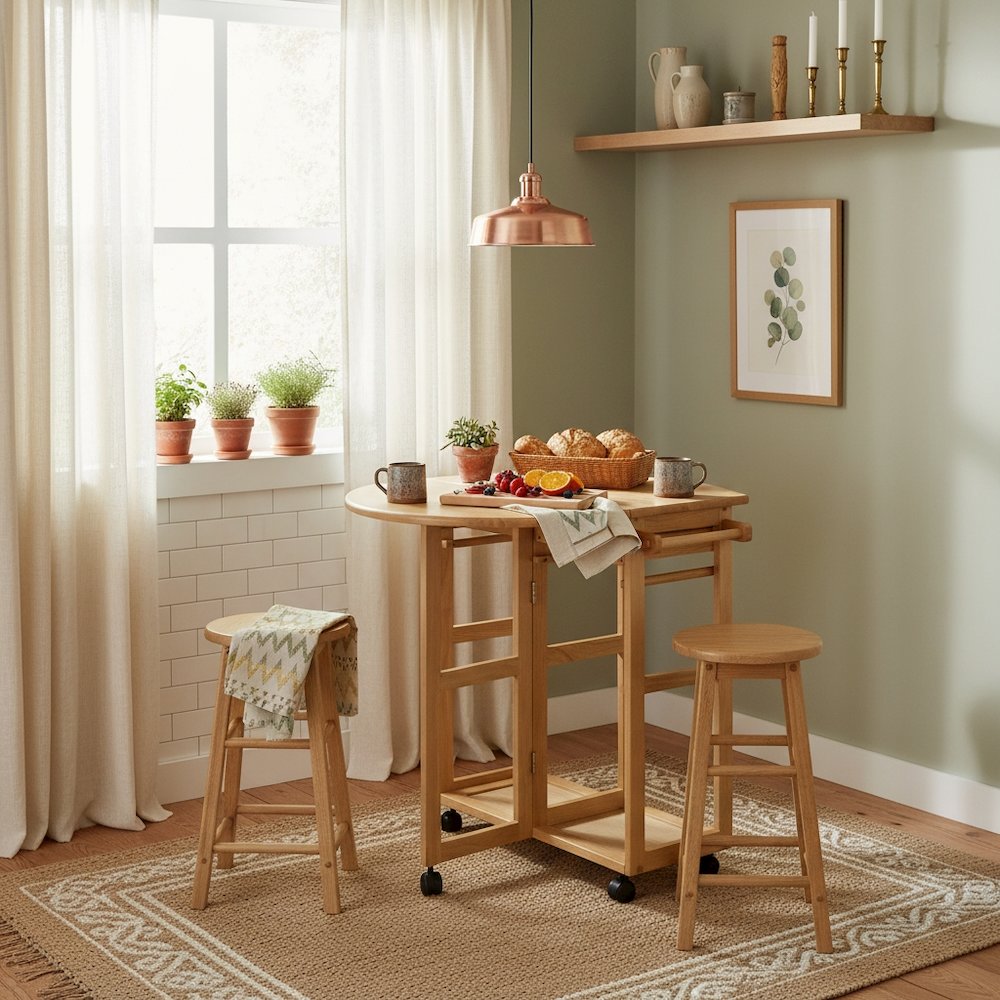 3-Pc Solid Wood Space Saver Dining Set with Drop Leaf Table, Brown