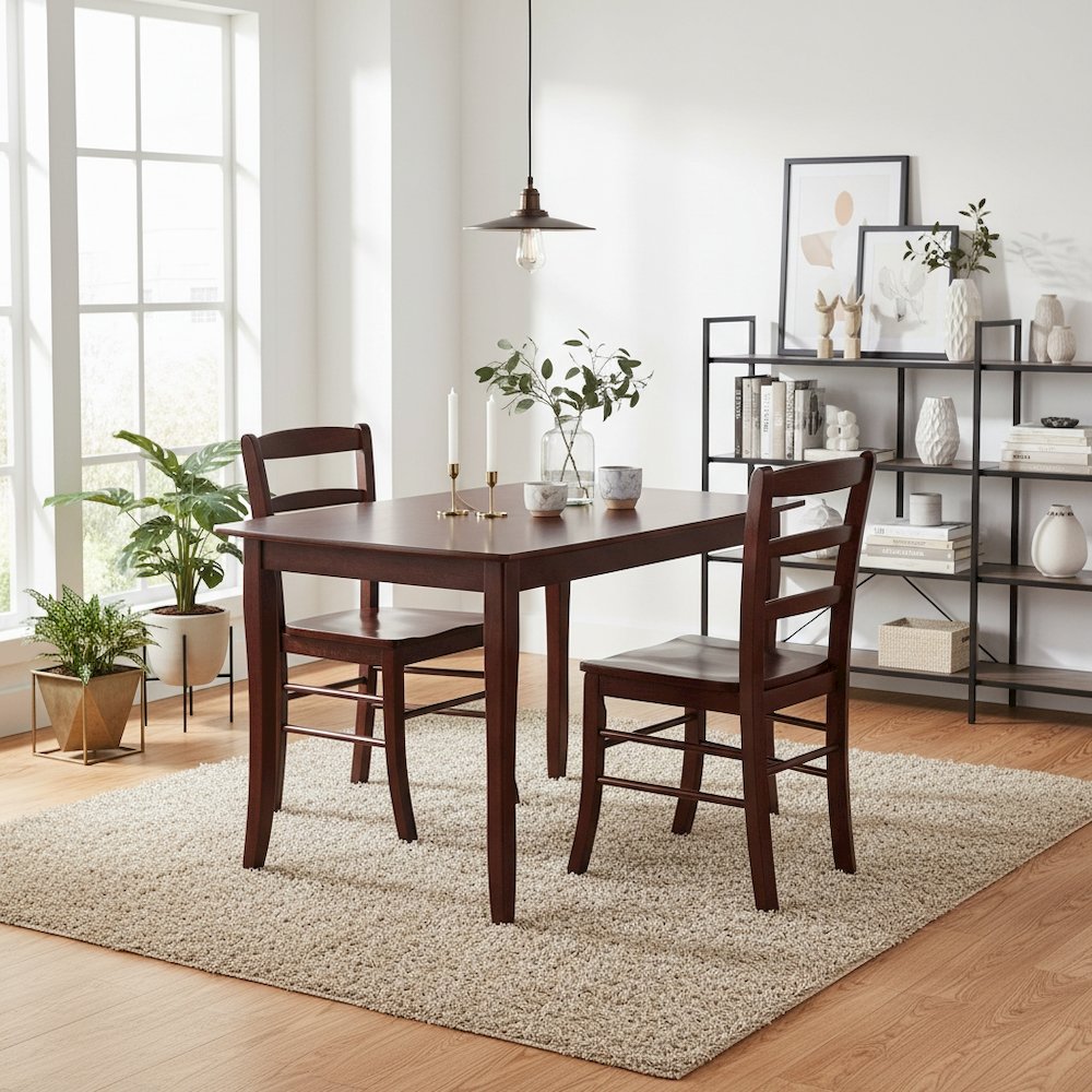 3-Piece Dining Set, Solid Wood Table, Two Ladderback Chairs, Brown Finish