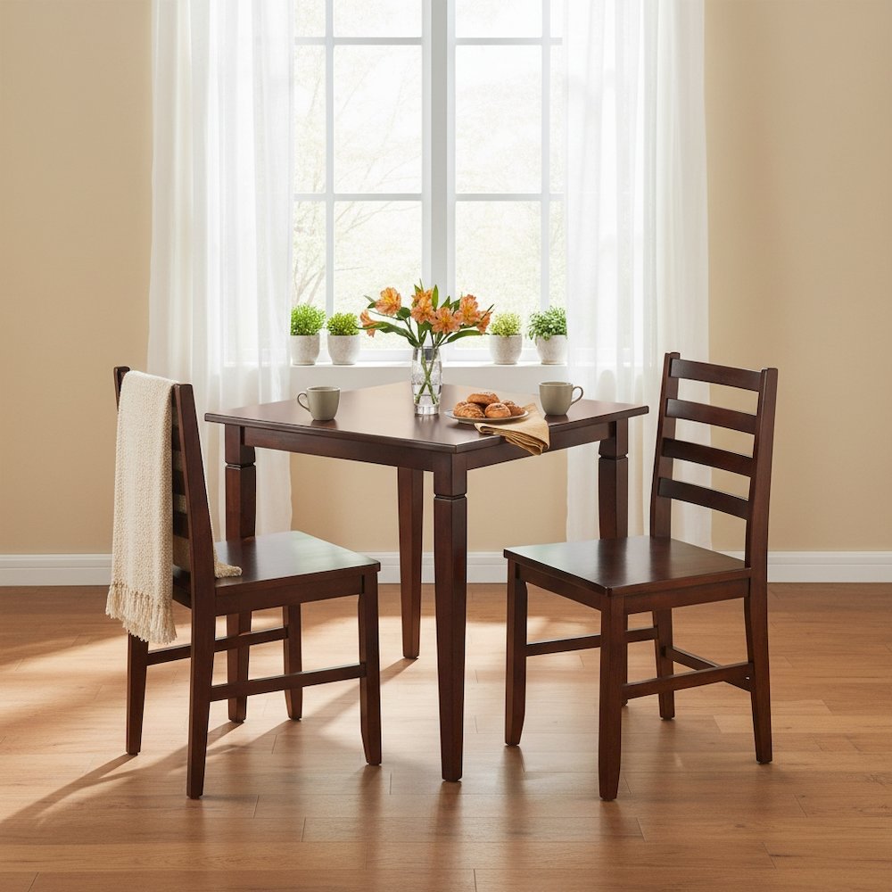 Square Dining Set, 3-Piece, 2 Ladder Back Chairs, Solid Wood
