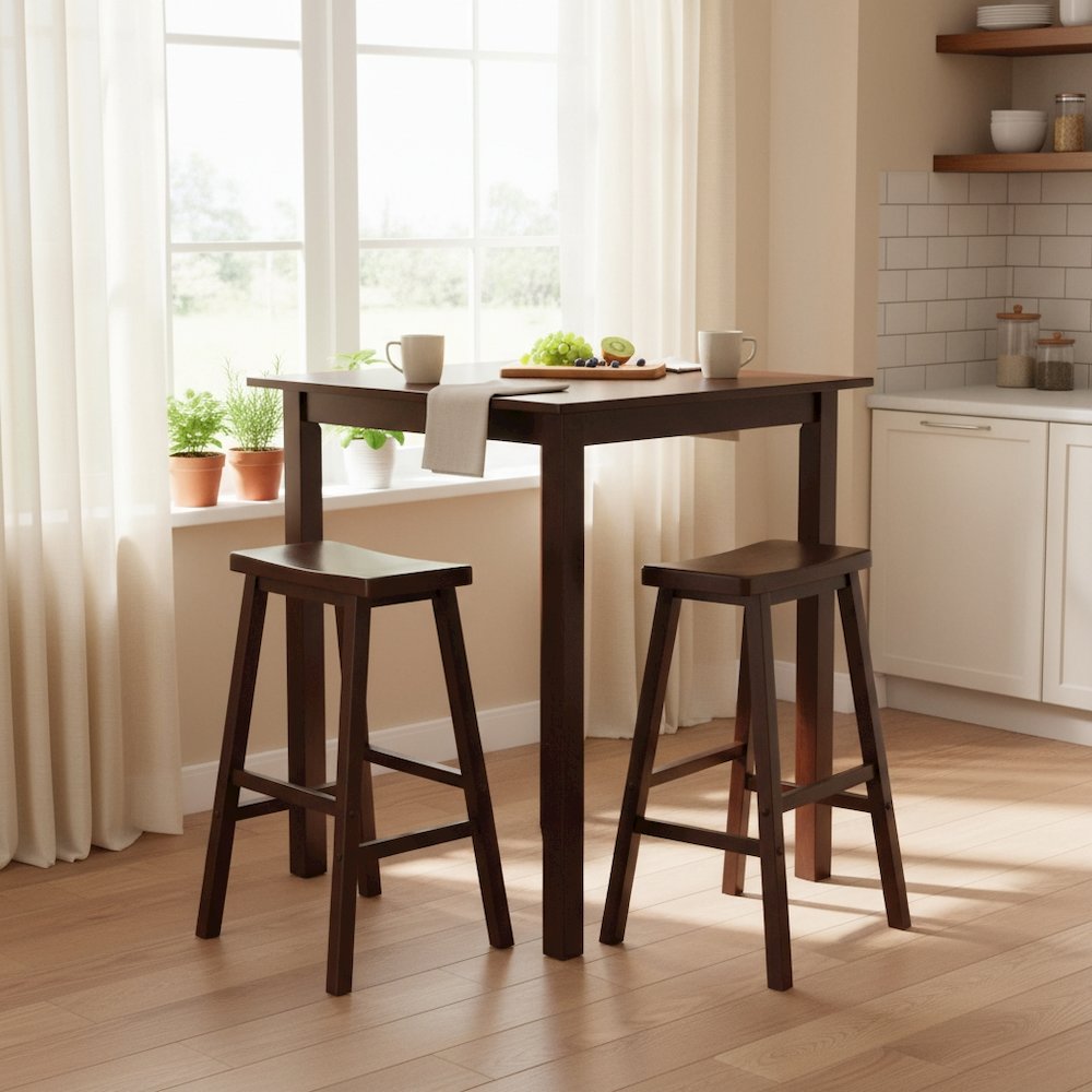 Square Pub Set, 2 Saddle Seat Stools, Solid Wood, Walnut
