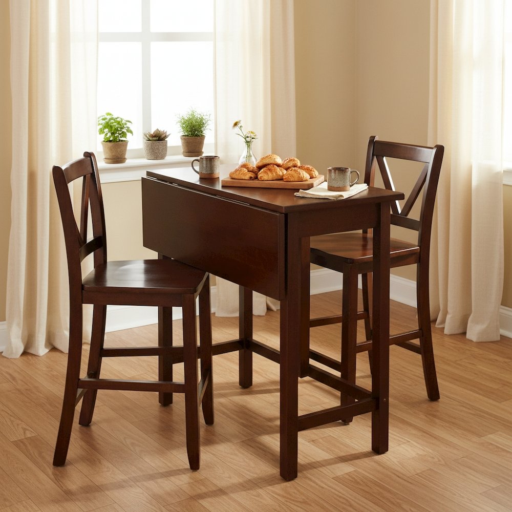 3-Piece Counter Height Dining Set, Drop Leaf Table, Two Stools, Solid Wood