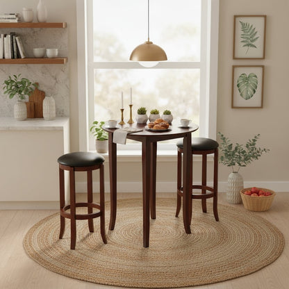 Round High Table Set, Solid Wood, 2 Stools, Black Faux Leather