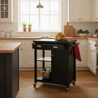 Kitchen Cart, Black Wainscot Panel, Drawer, Adjustable Shelves, Storage Cabinet
