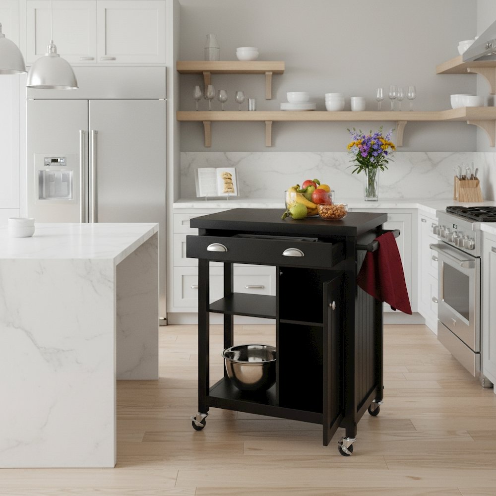 Kitchen Cart, Black Wainscot Panel, Drawer, Adjustable Shelves, Storage Cabinet