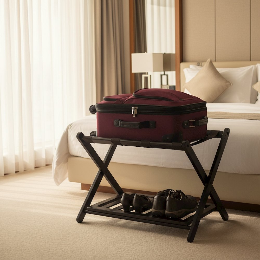 Foldable Luggage Rack with Shelf, Brown Nylon Straps, Slim Fold