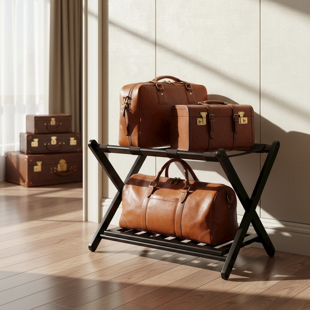 Foldable Luggage Rack with Shelf, Brown Nylon Straps, Slim Fold