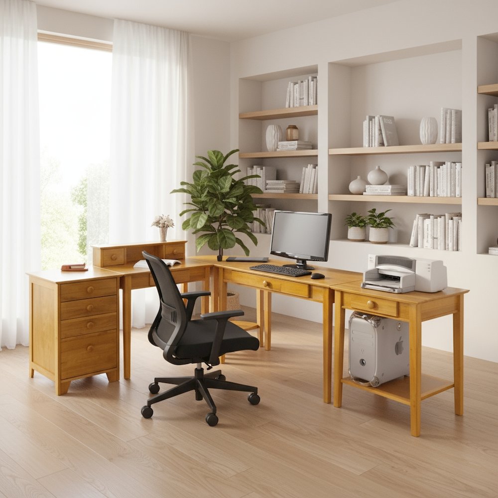 Honey finish computer workstation set - transitional design, wood construction