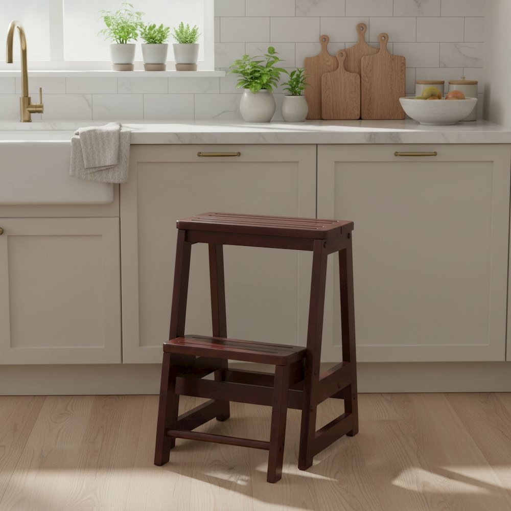 Solid Wood Two-Step Stool, Foldable Lower Step, Sturdy, Brown