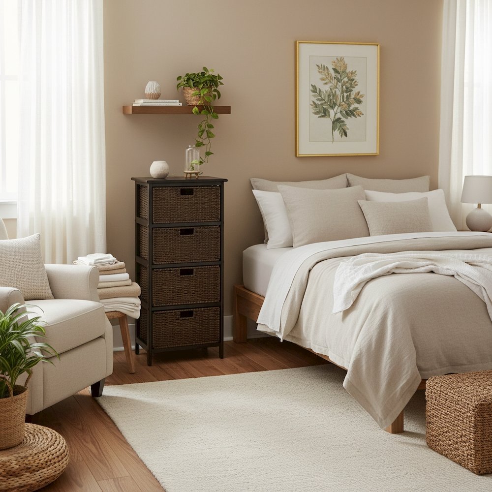 Tall Storage Rack, 4-Tier Shelf, Four Foldable Baskets, Cabinet