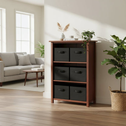3-Section Storage Shelf with 6 Foldable Baskets, Walnut Finish