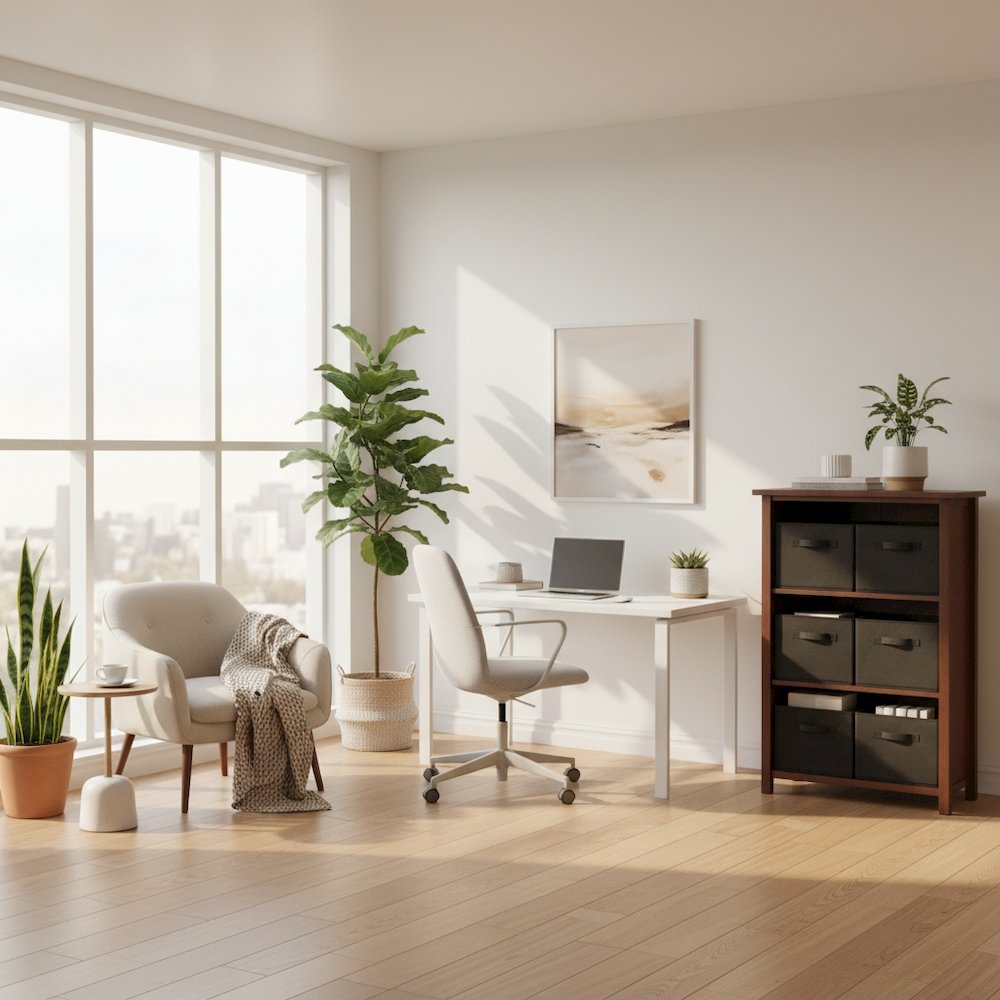 3-Section Storage Shelf with 6 Foldable Baskets, Walnut Finish