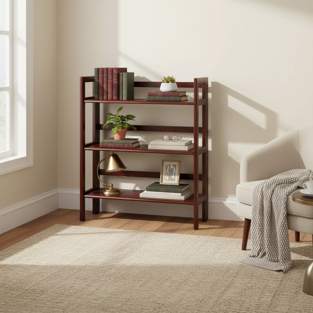 Folding 3-Shelf Bookcase, Solid Wood, Slim Fold Profile, Walnut