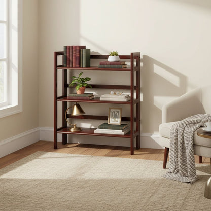 Folding 3-Shelf Bookcase, Solid Wood, Slim Fold Profile, Walnut