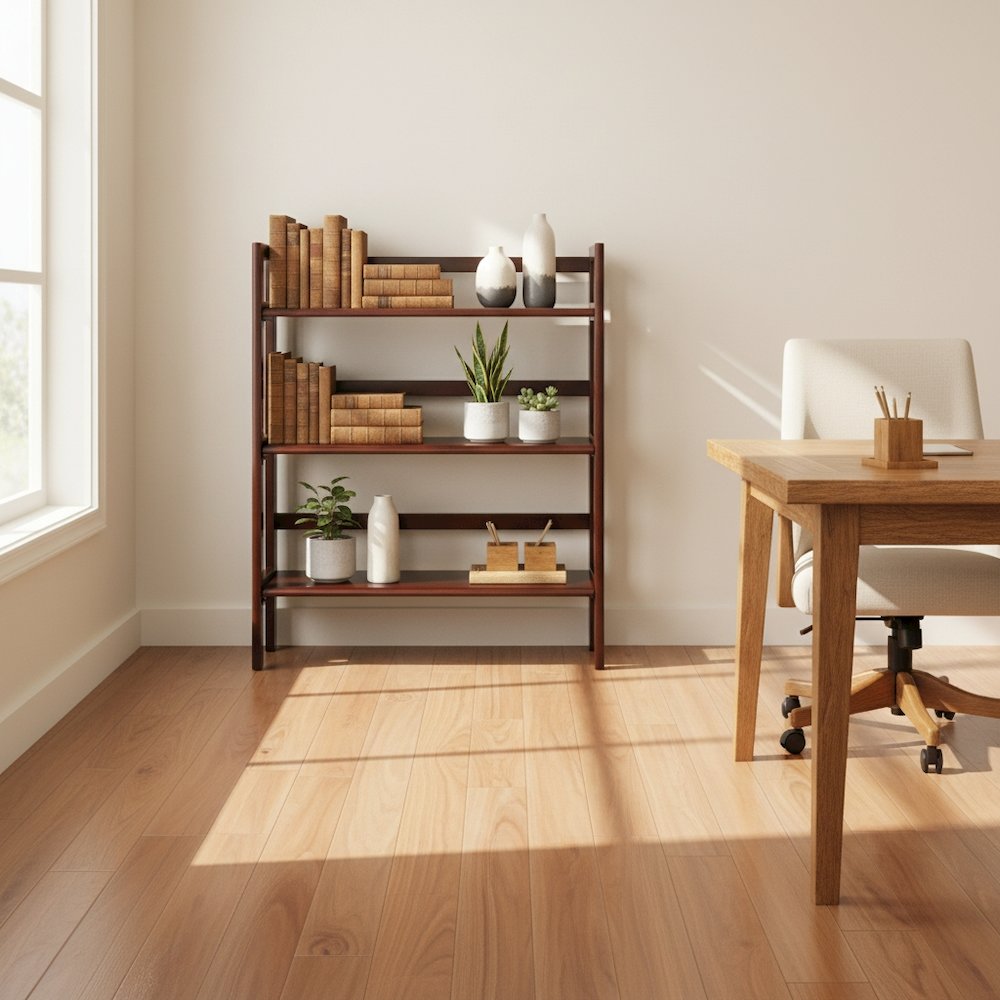 Folding 3-Shelf Bookcase, Solid Wood, Slim Fold Profile, Walnut