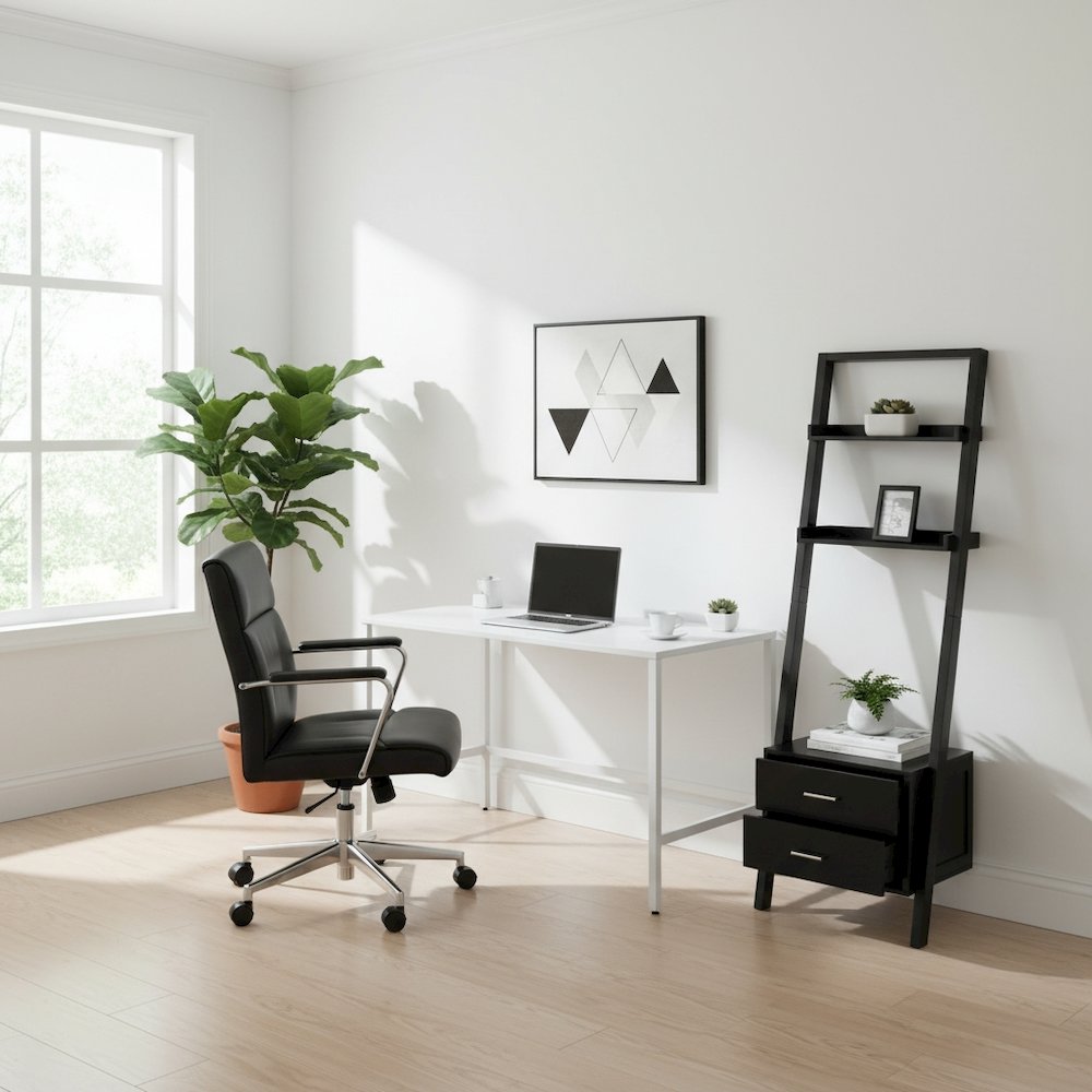 Black Leaning Shelf, Ladder Design, Storage Rack, Two Drawers