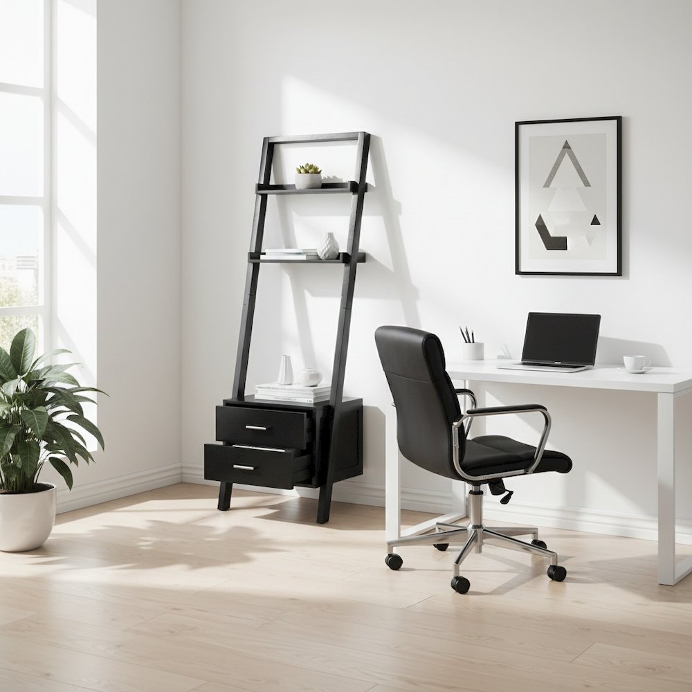 Black Leaning Shelf, Ladder Design, Storage Rack, Two Drawers
