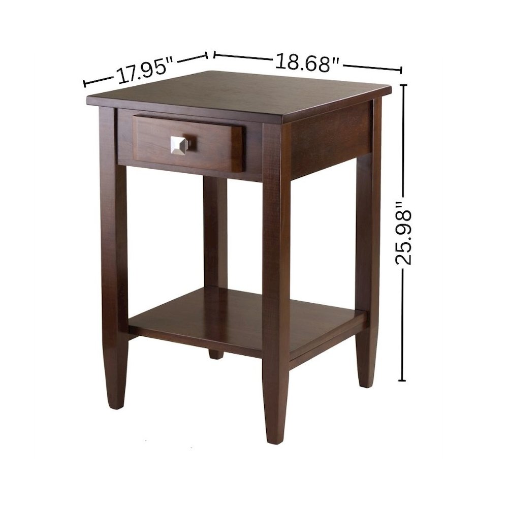 End Table with Drawer, Tapered Legs, Lower Shelf, Walnut
