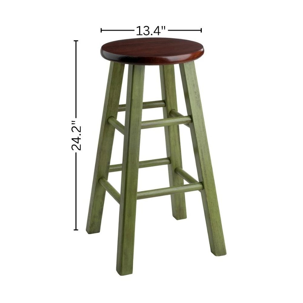 24" Rustic Green Counter Stool, Round Solid Wood Seat, Fully Assembled