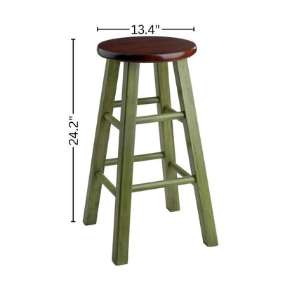 24" Rustic Green Counter Stool, Round Solid Wood Seat, Fully Assembled