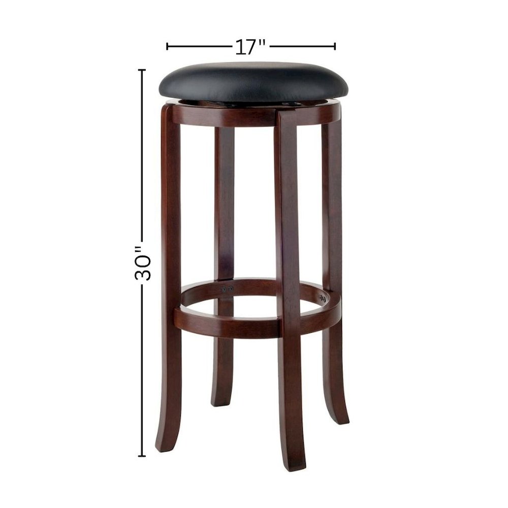 Bar Stool, Brown Solid Wood, Swivel Cushioned PVC Seat, 30 Inch Height
