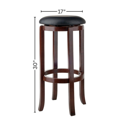 Bar Stool, Brown Solid Wood, Swivel Cushioned PVC Seat, 30 Inch Height